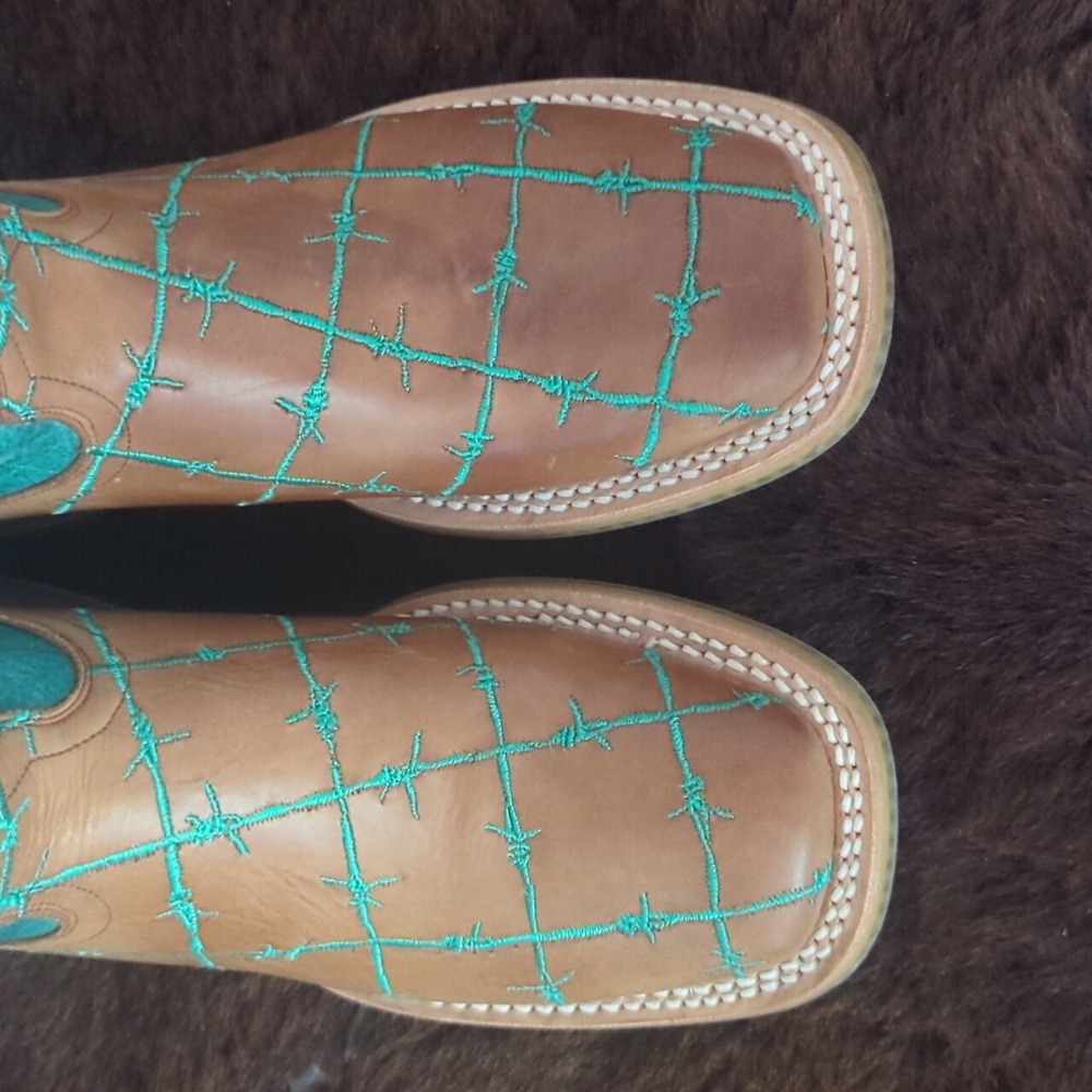 TIN HAUL "Barb'd Wire" turquoise & brown leather square toe cowgirl boots sz 7.5 - Picture 14 of 16